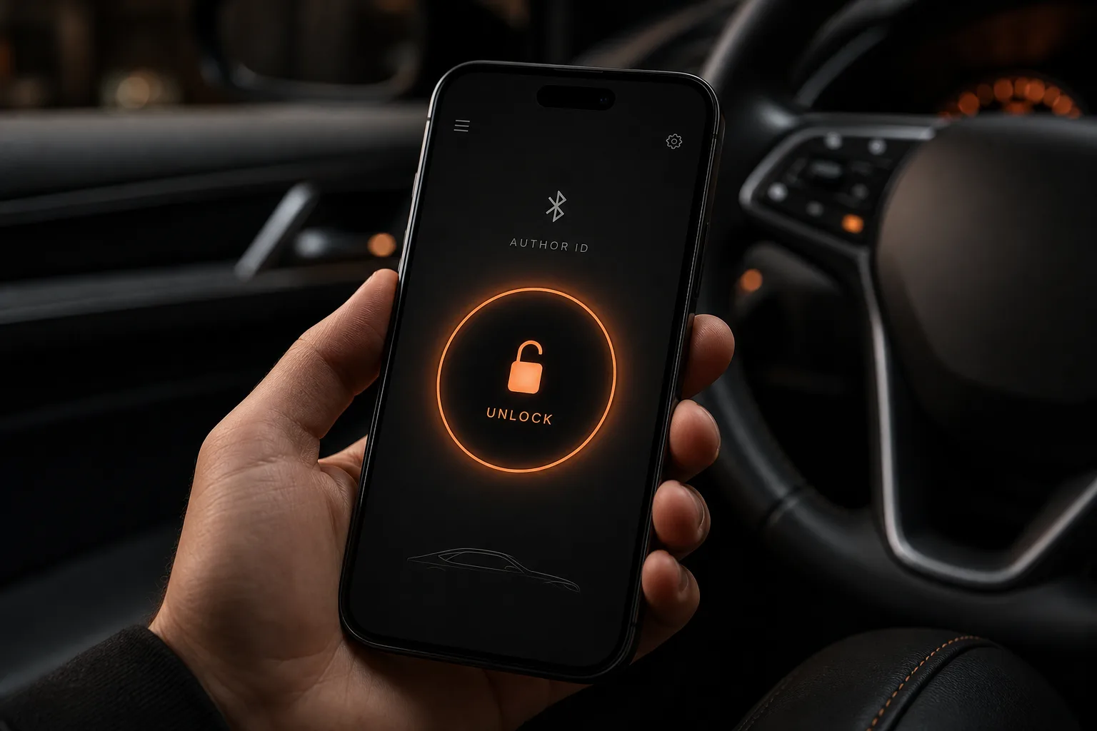 Ruka drží telefón s aplikáciou AUTHOR ID — overenie cez Bluetooth.