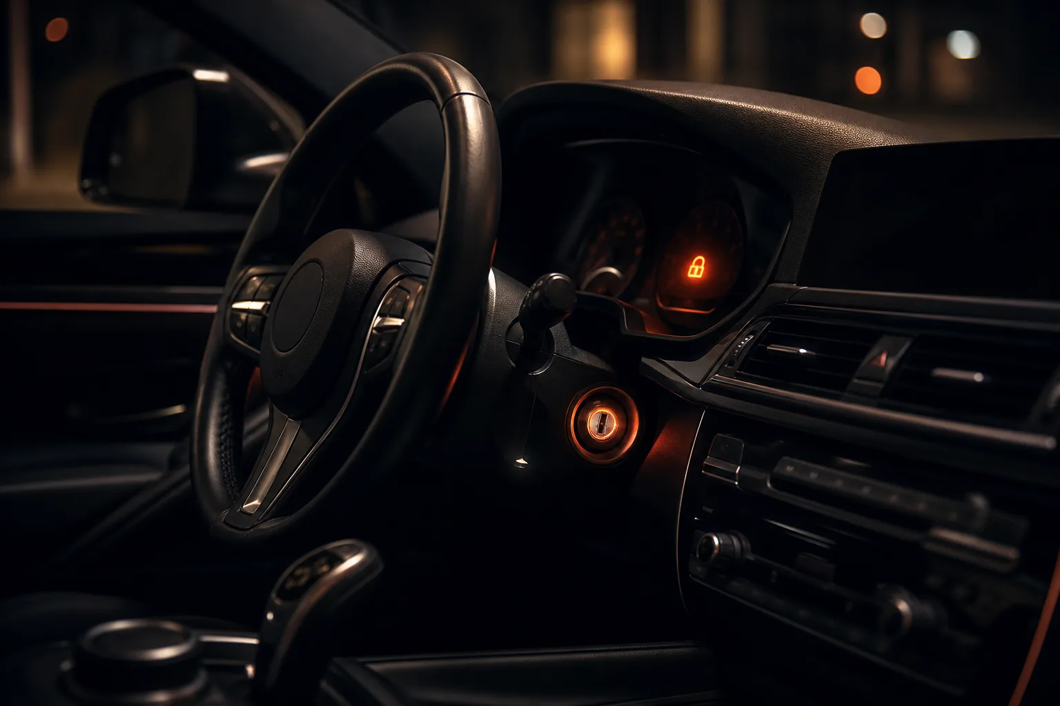 Tmavý interiér auta — kontrolka blokovania svieti, motor mlčí.