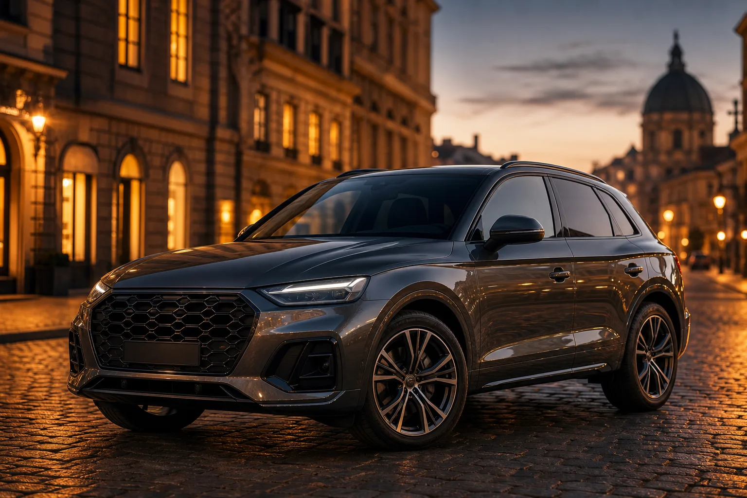 Tmavošedý Audi Q5 zaparkovaný na dlažbe v starom meste pri súmraku.