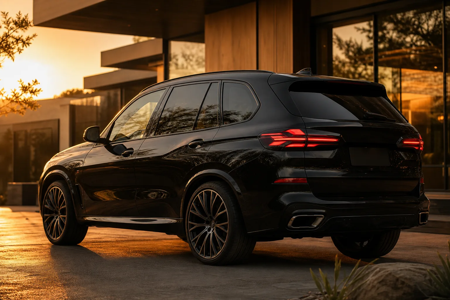 Čierne BMW X5 zaparkované pred moderným domom pri západe slnka.